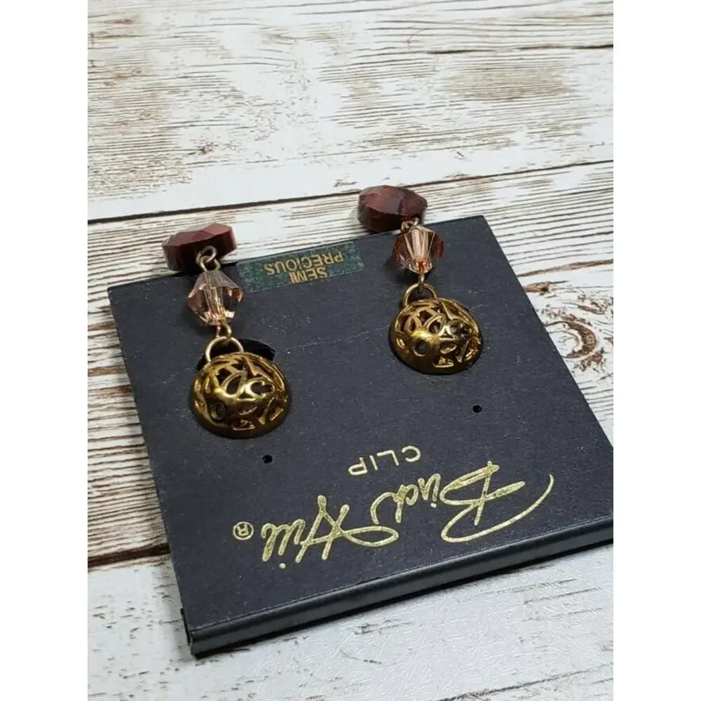 Vintage Birch Hill Clip On Earrings Brown Semi Precious Dangle - Fair Condition